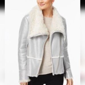 I.N.C. International Concepts Siver Faux Suede Faux Fur Lined Moto Jacket Size L